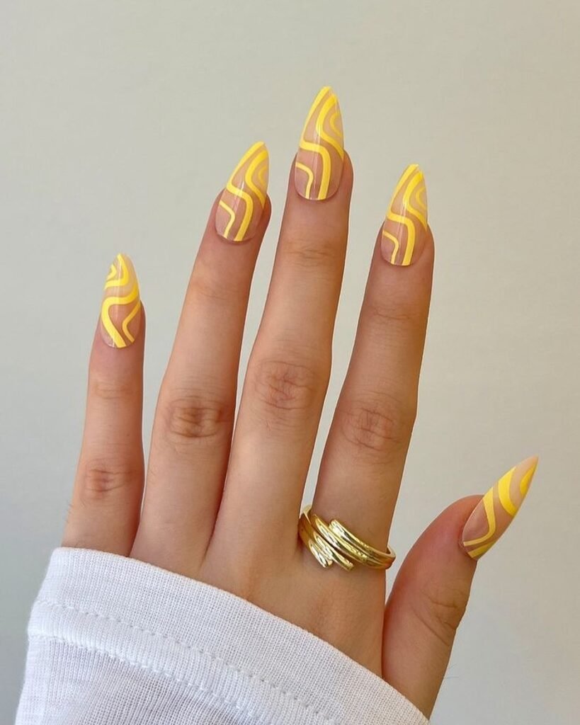 Cute Yellow Swirl Nails Design Idea