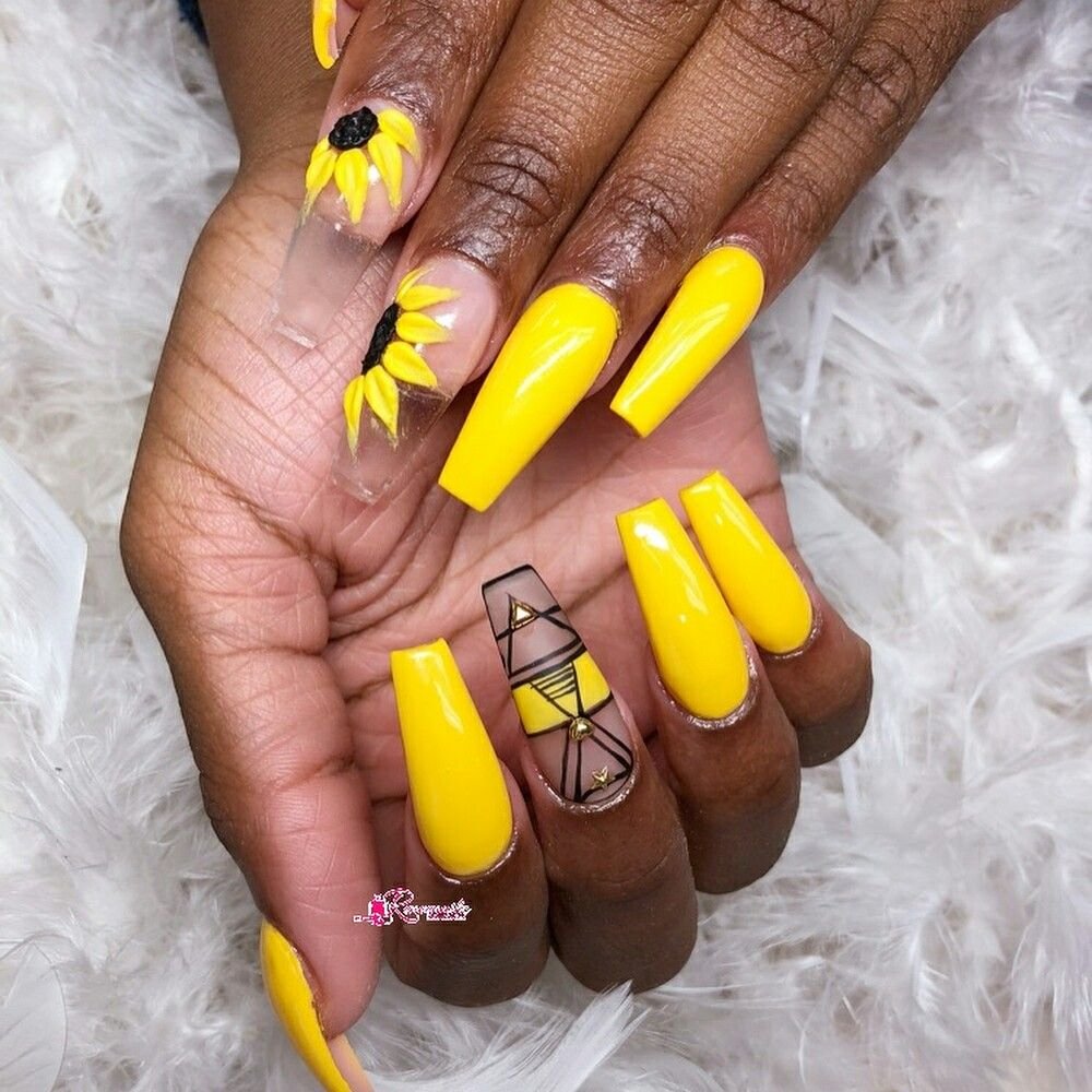 Long Yellow Nails with Sunflowers Decals 3D