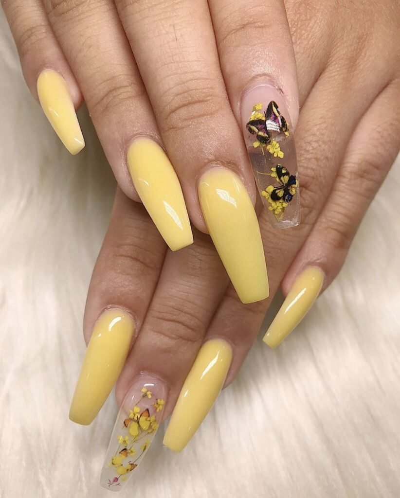 Yellow Summer Butterfly Coffin Nails