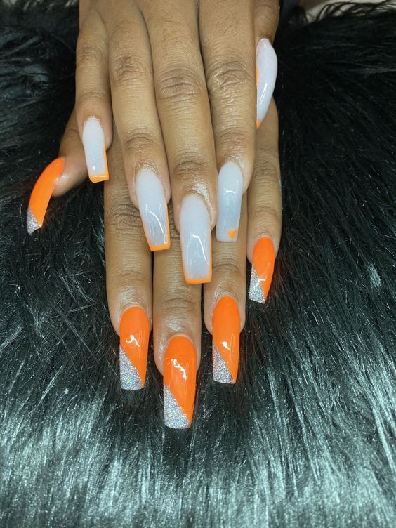 Orange Nails - Orange and white Acrylic