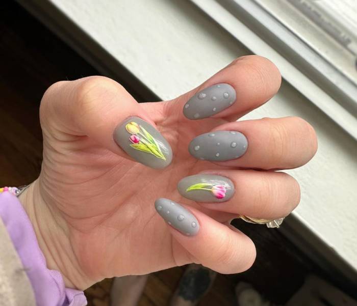 April Nails - gray rain and flowers