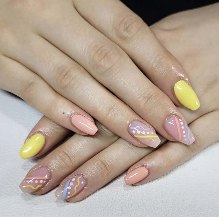 April Nails - yellow and peach negative polka dots