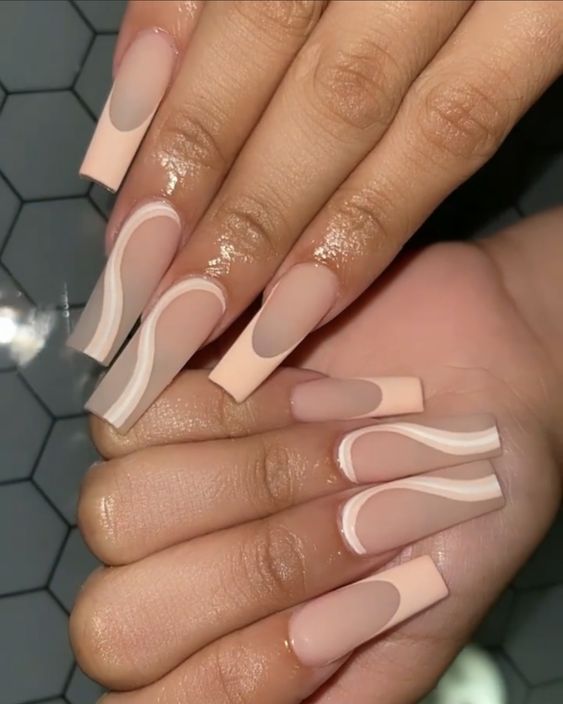 Cream color swirls and tips on square nails