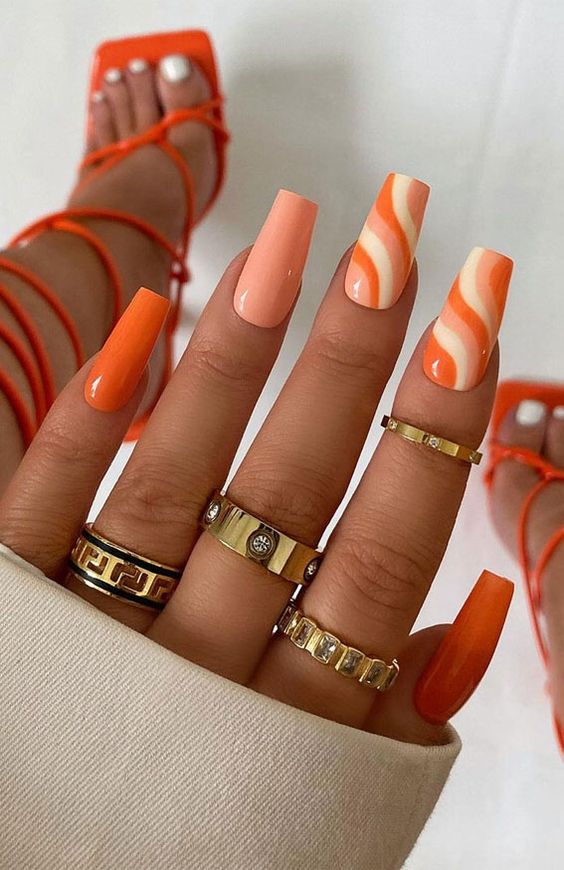 Orange Nails -  Peach Swirl Coffin Nails