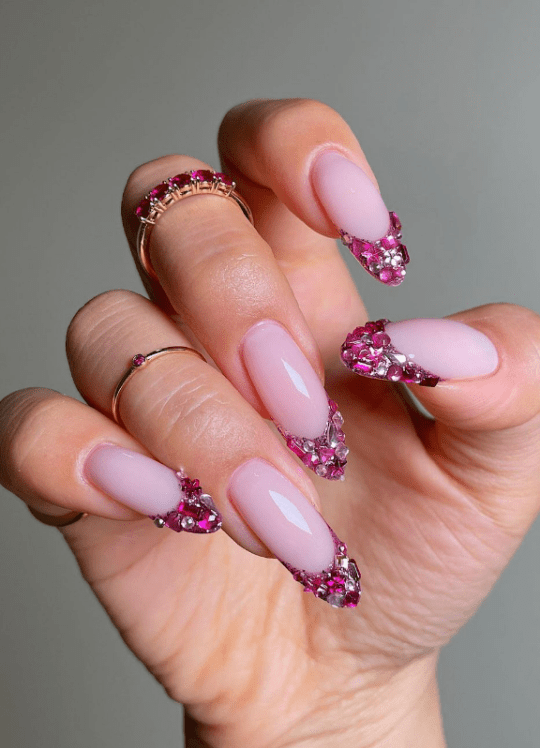 barbiecore pink nails with crystals