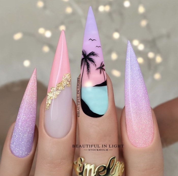 Spring Nail Designs - pastel ombre beach scene with palm trees