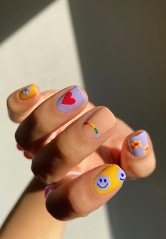 Multicolor smiley face nails