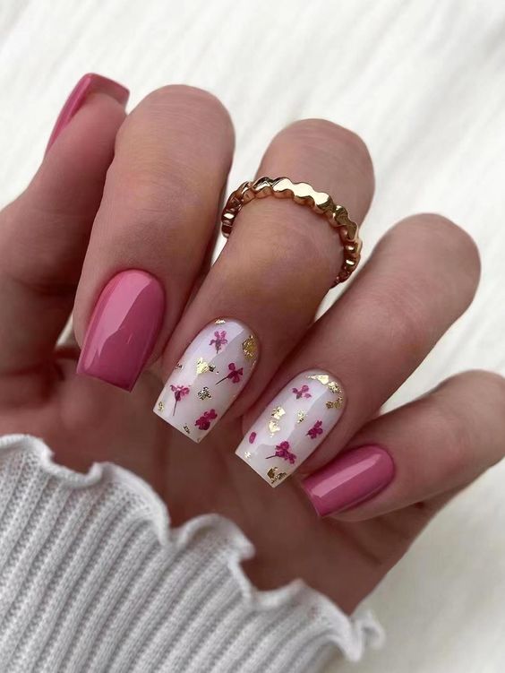 pink and golden flower nails