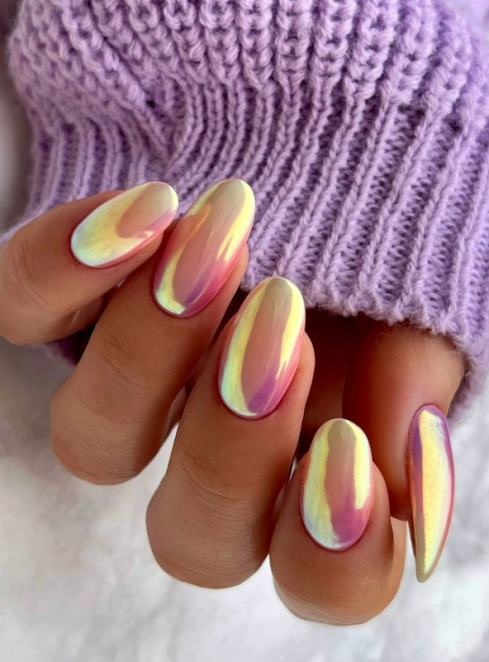 chrome purple yellow nails. summer nail ideas. shimmery nails.