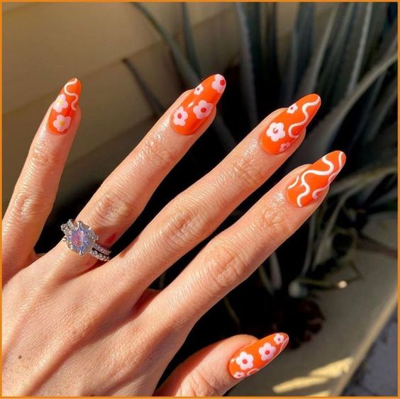 Orange Nail -  Floral orange coffin nails