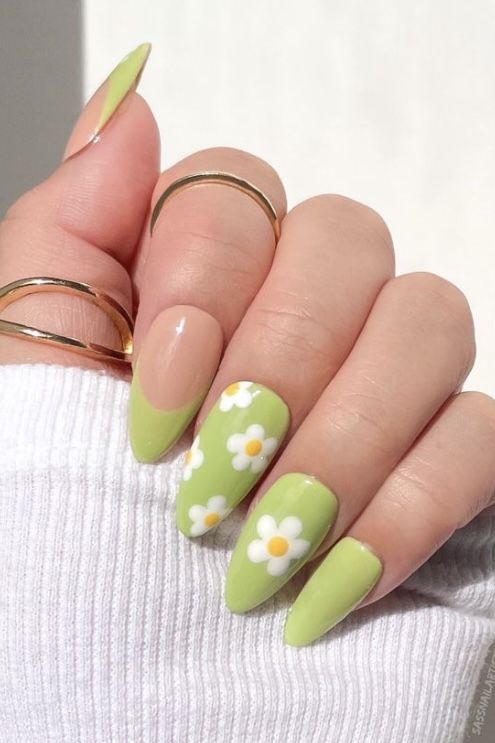 light green nails with flowers