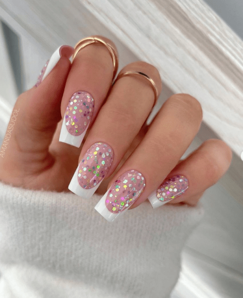 pink glitter french manicure nails.