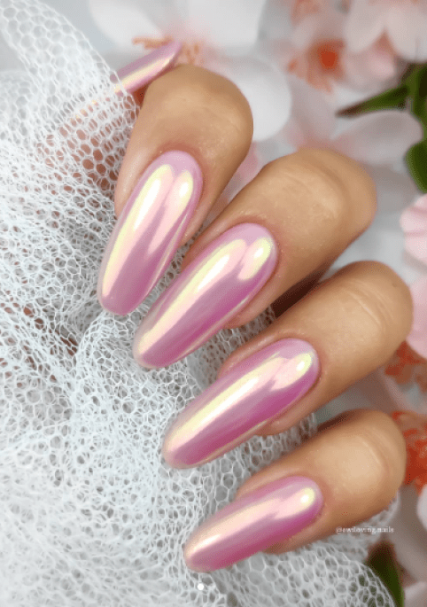 glazed donut pink hailey bieber nails. pink chrome mirror wedding nails. bridal nails.