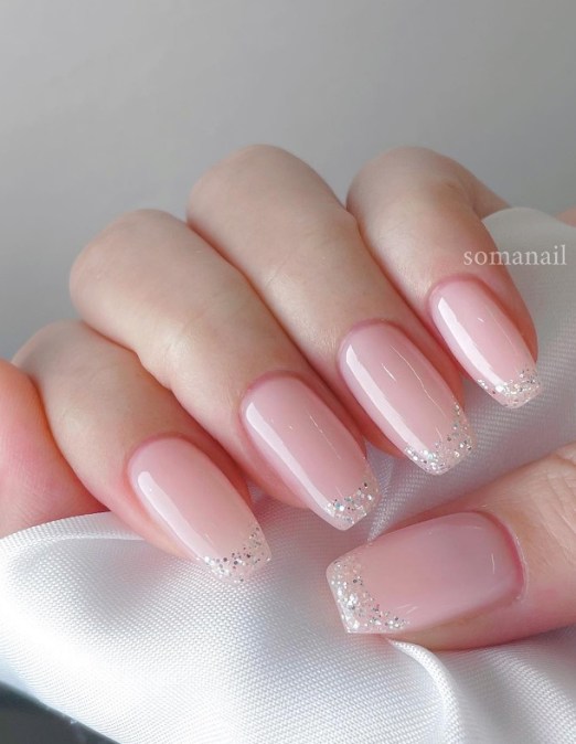 glitter dipped french manicure. pink bridal nails. wedding nails pink. nude elegant wedding nails.