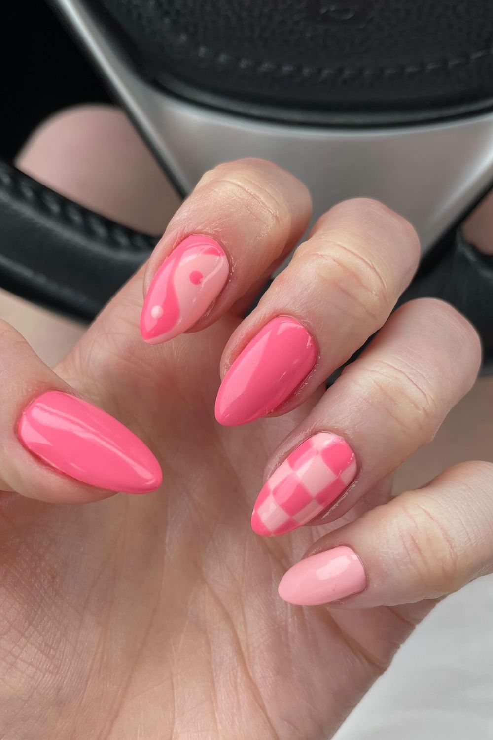 Pink checkered nail design