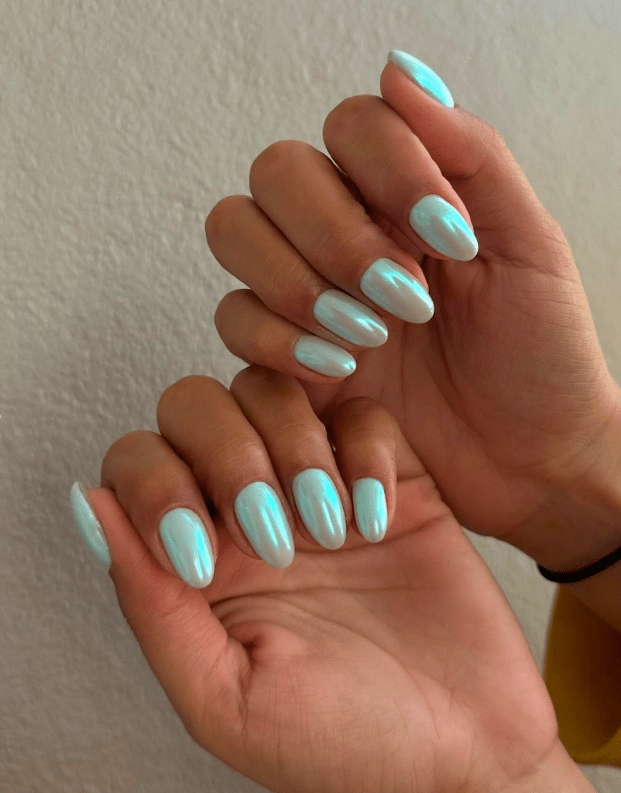 mint green chrome nails. glazed spring nails. green nails.