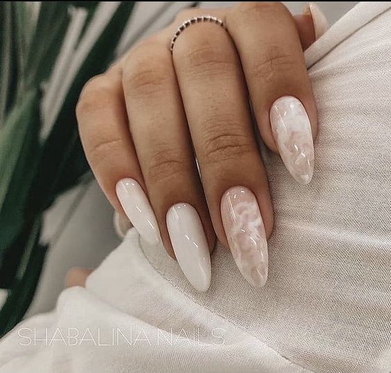 Marble white almond nails