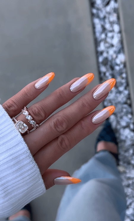 orange tipped chrome summer nails. chrome nails. glazed nails. orange summer nails designs 2024