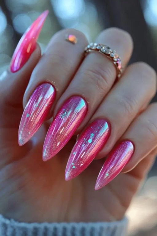 pink chrome acrylic nails. barbiecore nails