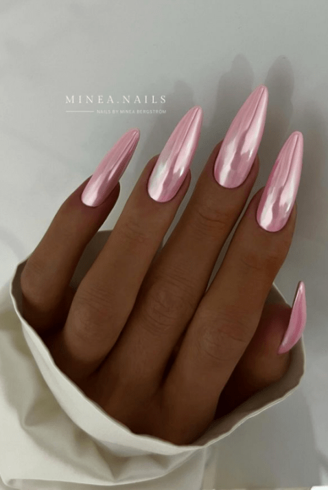 pink chrome nails. pink acrylic nails. pink almond nails. barbie pink nails. glazed donut nails pink