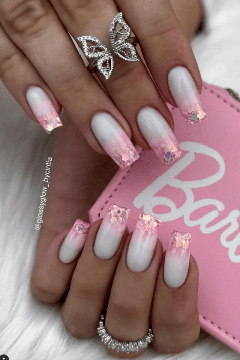 pink glitter nails. pink barbie nails. pink nails. prom nails.