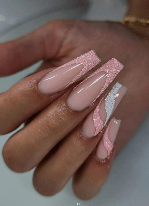 pink glitter nails. pink nails. barbie nails. prom nails. wedding nails.