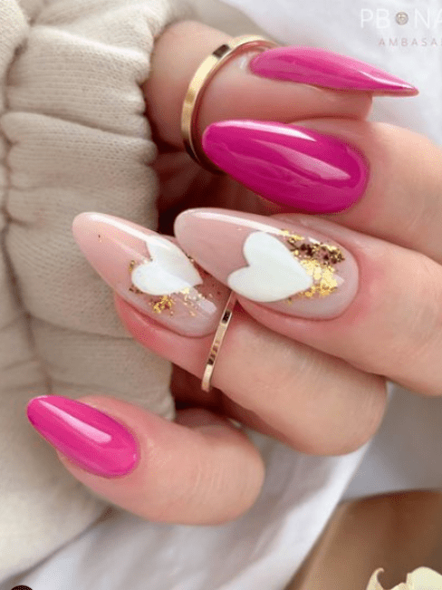 pink heart nails. valentiens day gel nail designs long.