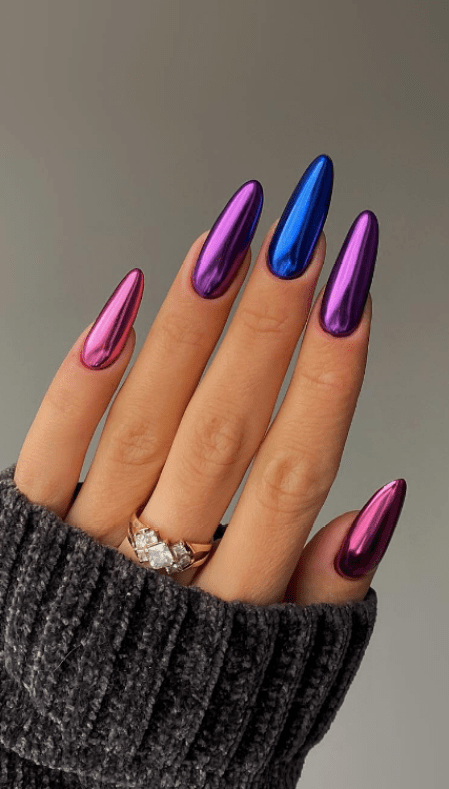 pink purple metallic chrome nails. fall multicolor nail ideas. almond nails chrome colorful.