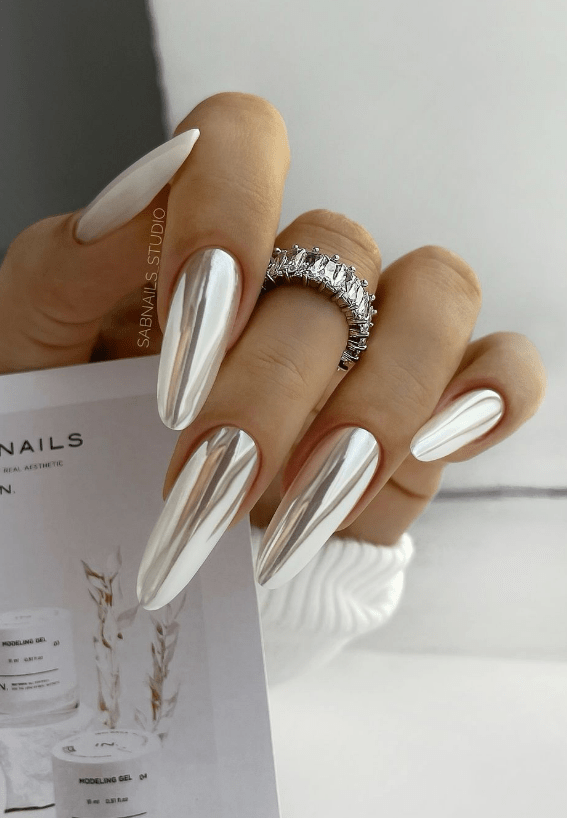 silver chrome metallic nails. shiny nail ideas.