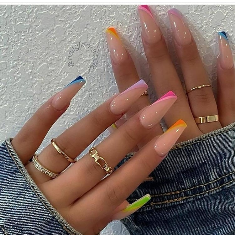 orange blue pink nails