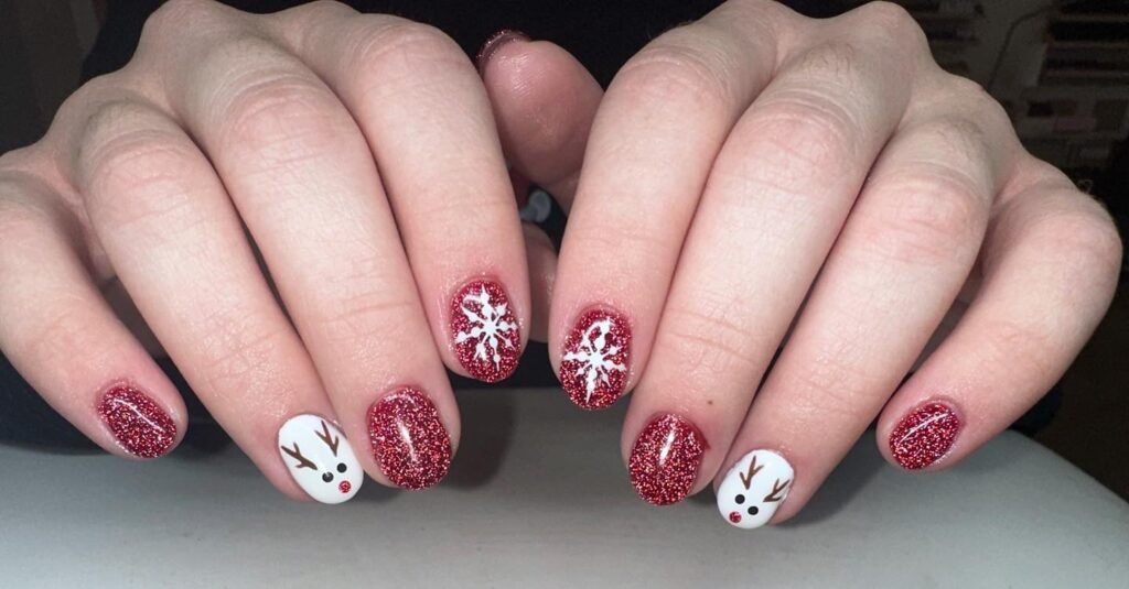 Cute Short Red and White Glitter Christmas Reindeer Nails