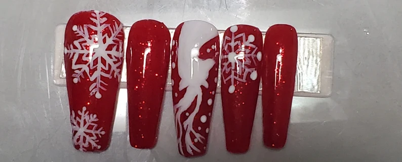 Glitter Snowflakes Christmas Reindeer Nails