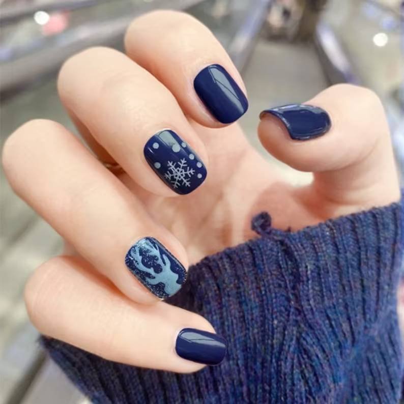 Glossy Blue Snowflake Reindeer Press On Nails