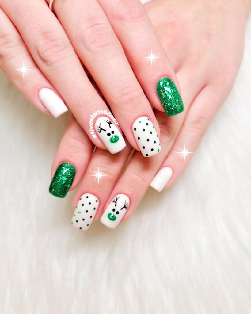 Green and White Reindeer Nails Design Ideas