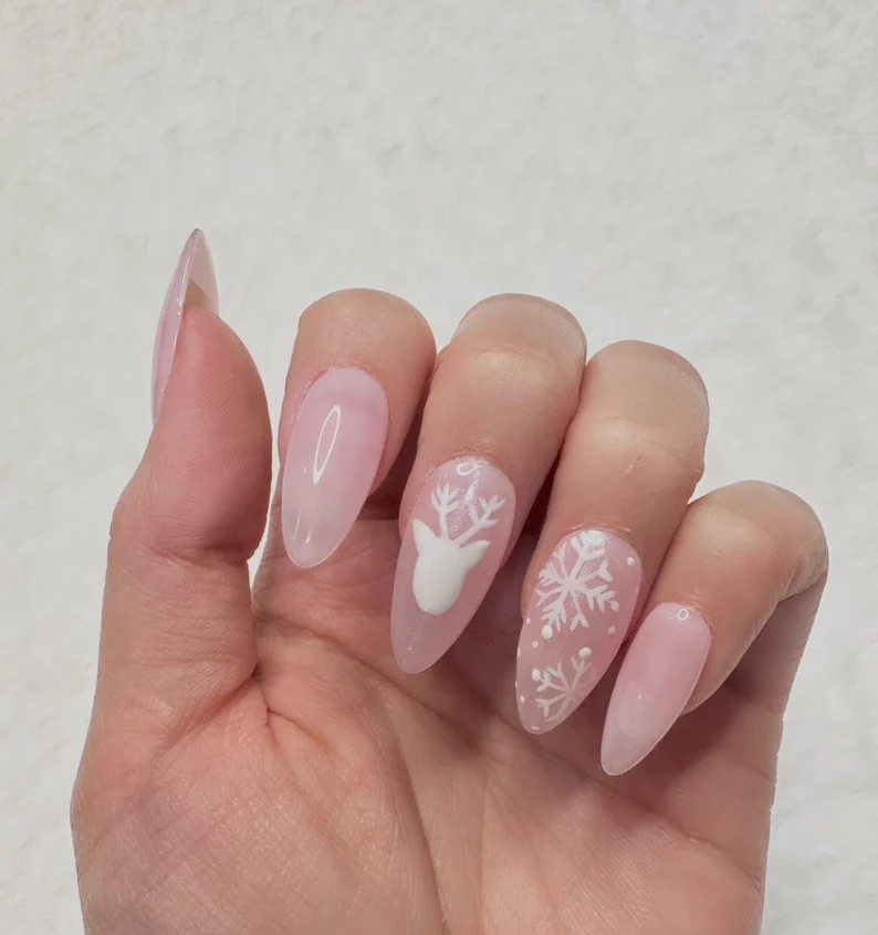 Pink Christmas Snowflakes Reindeer Nails