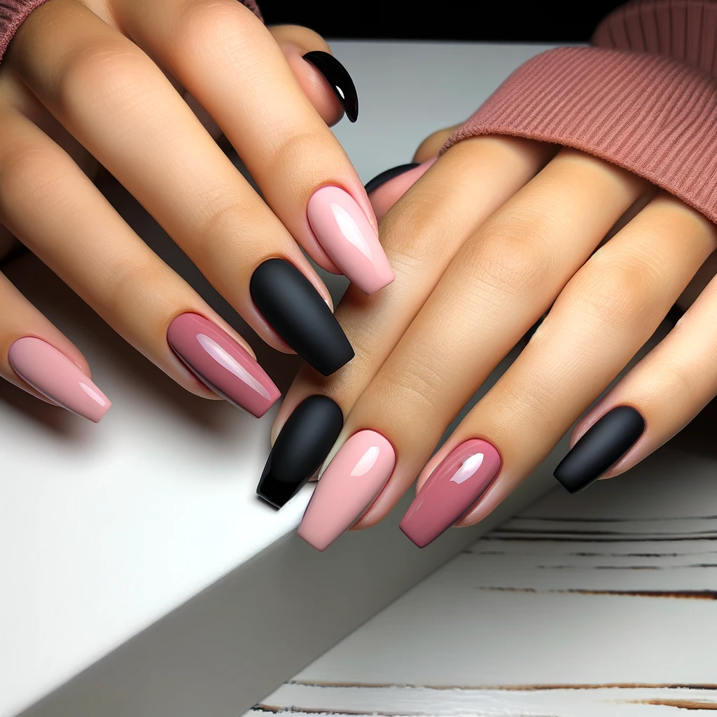 Pink and black glossy and matte combo nails