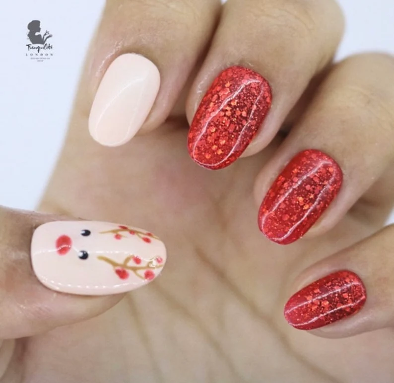 Reindeer Red Glitter Christmas Press On Nails