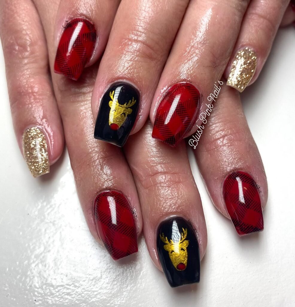 Short red Black and Gold Reinder Christmas Nails Design