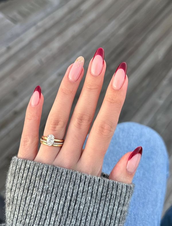 Red French Tip Nails with Sparkling Accent